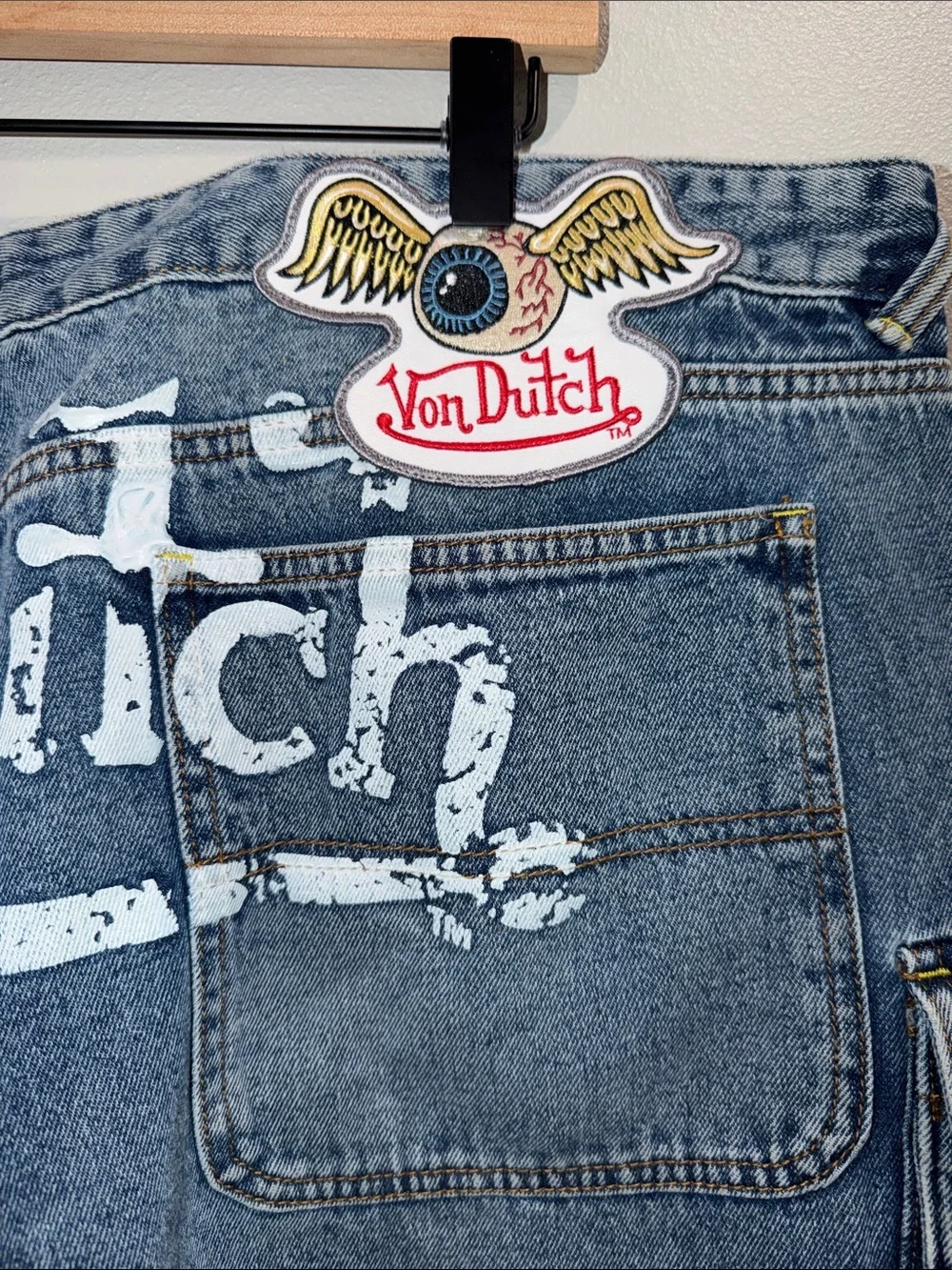 Von Dutch Vintage Light Blue Denim Cargo Shorts Size 42